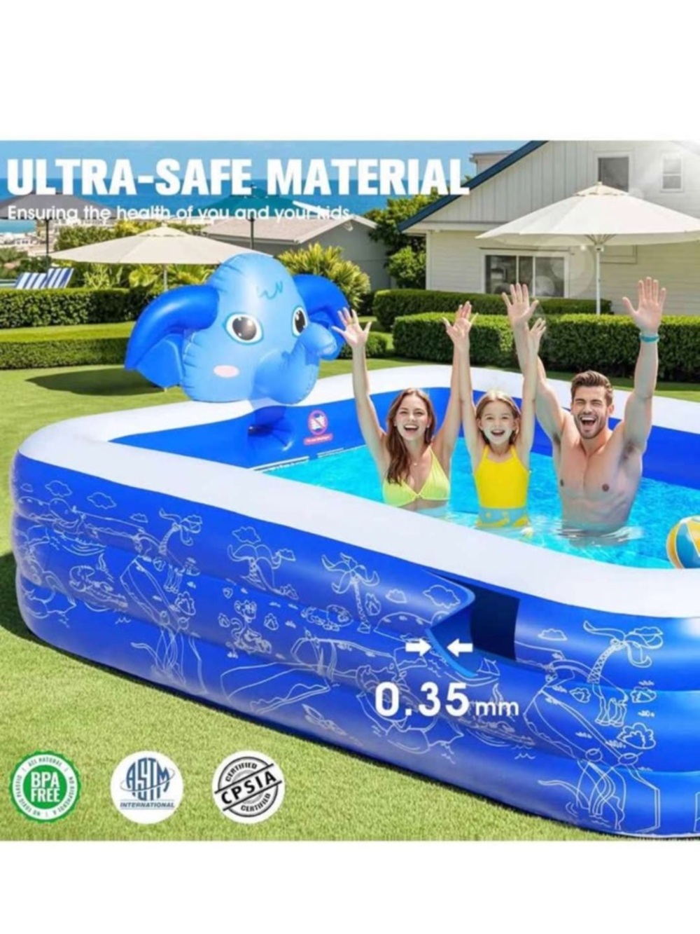 Blue Inflatable Kids Pool with Elephant Sprayer